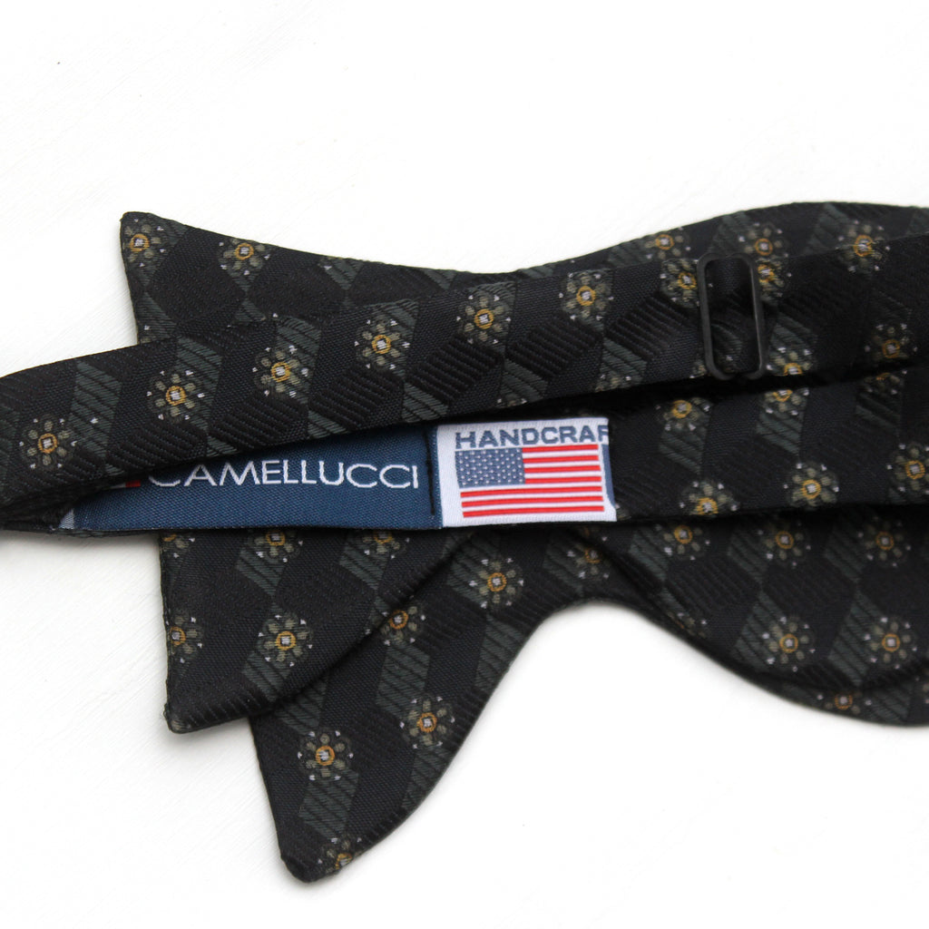Men's Big Ornament on Black Silk Bow tie