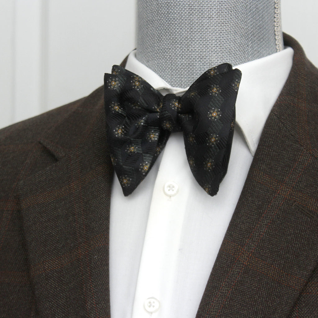 Men's Big Ornament on Black Silk Bow tie