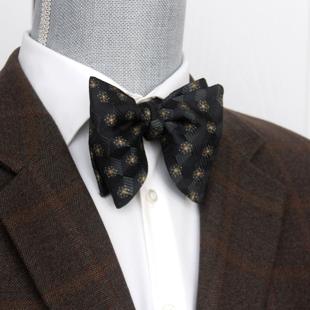 Men's Big Ornament on Black Silk Bow tie