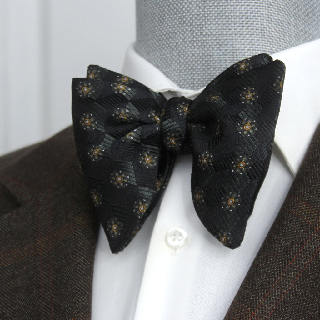 Men's Big Ornament on Black Silk Bow tie