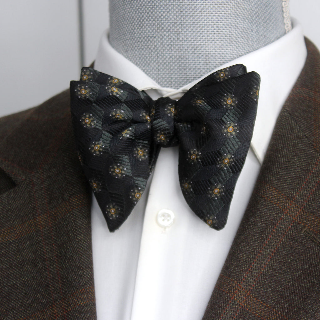 Men's Big Ornament on Black Silk Bow tie