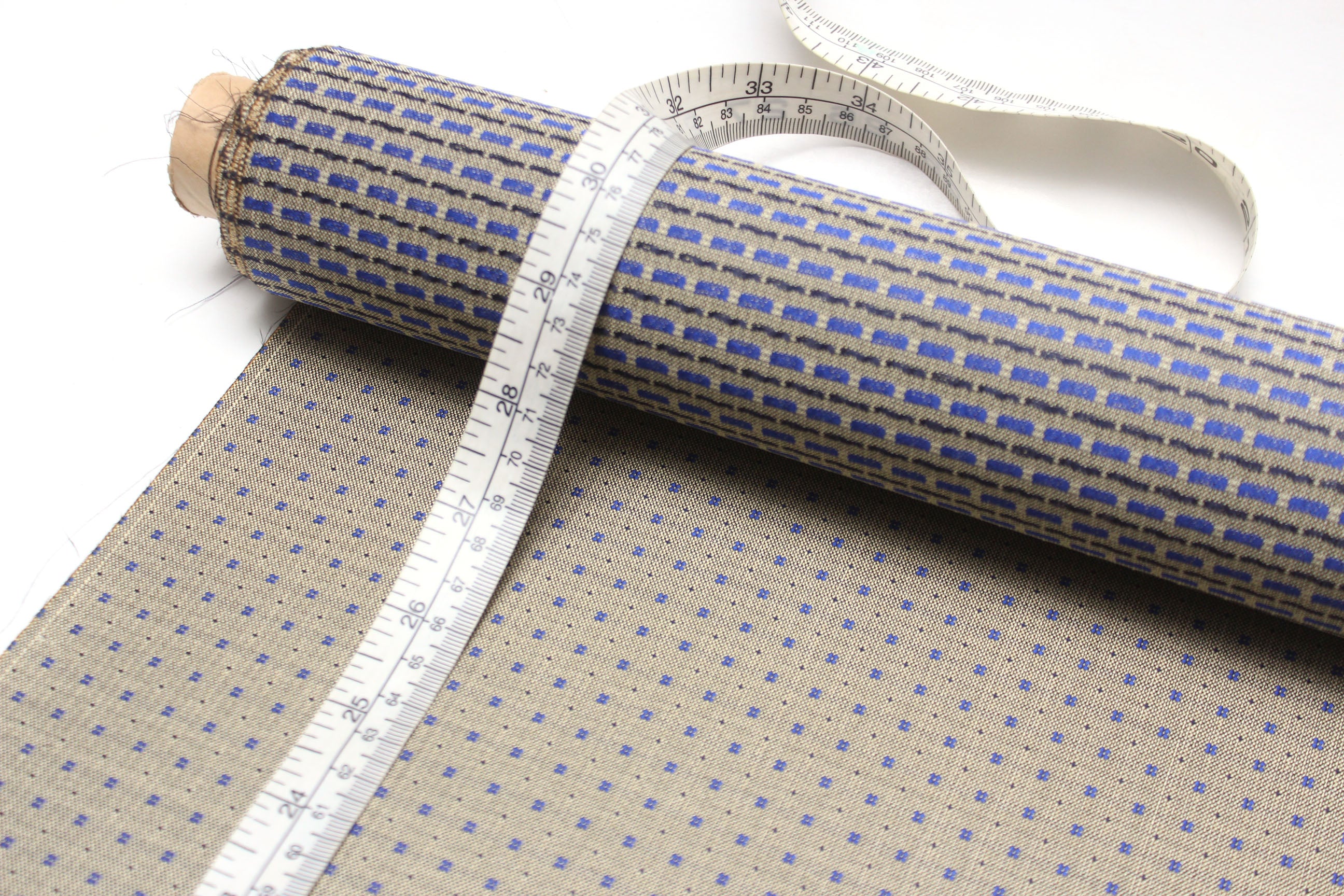 Dusty Mustard Blue Ornament Silk Fabric