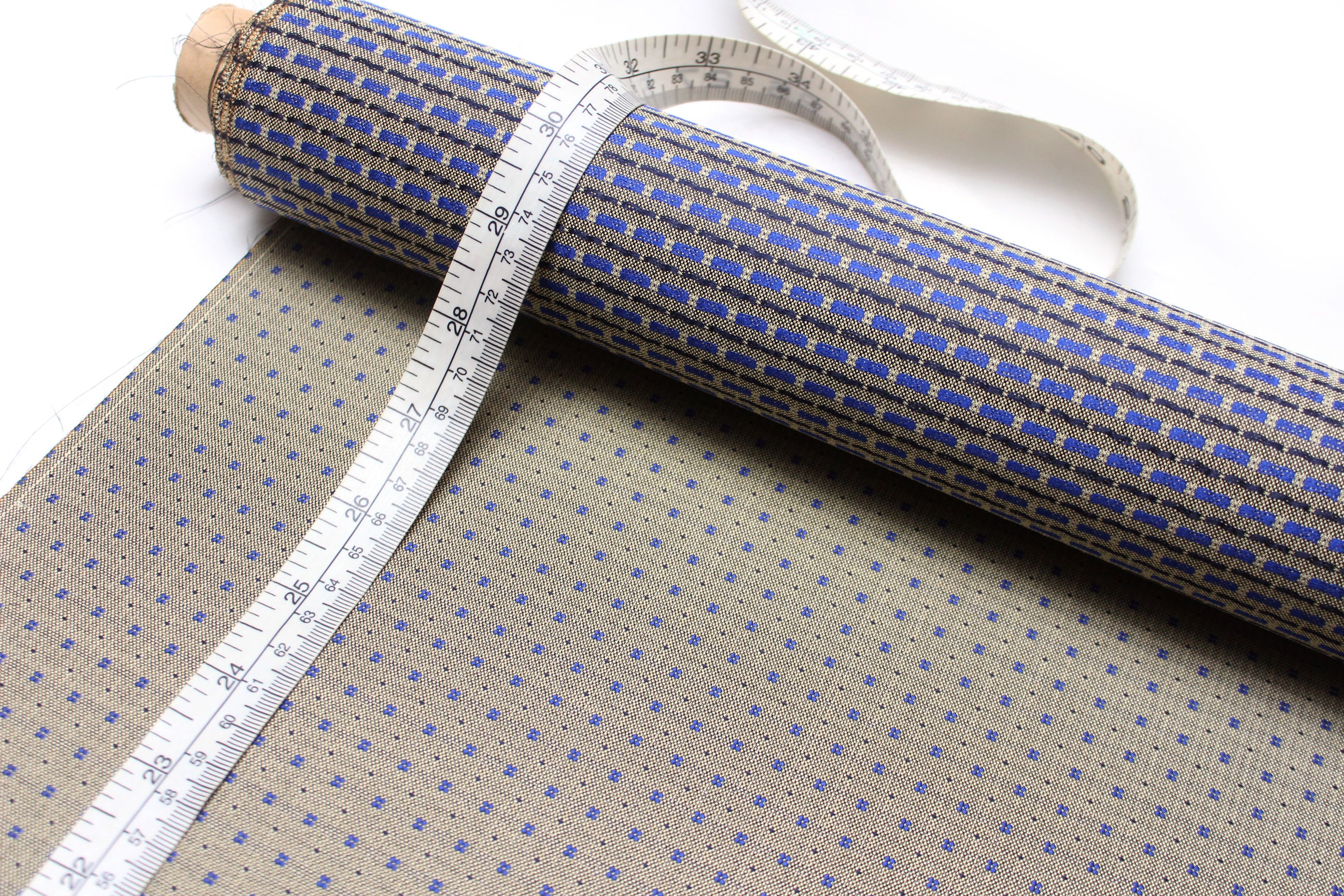 Dusty Mustard Blue Ornament Silk Fabric