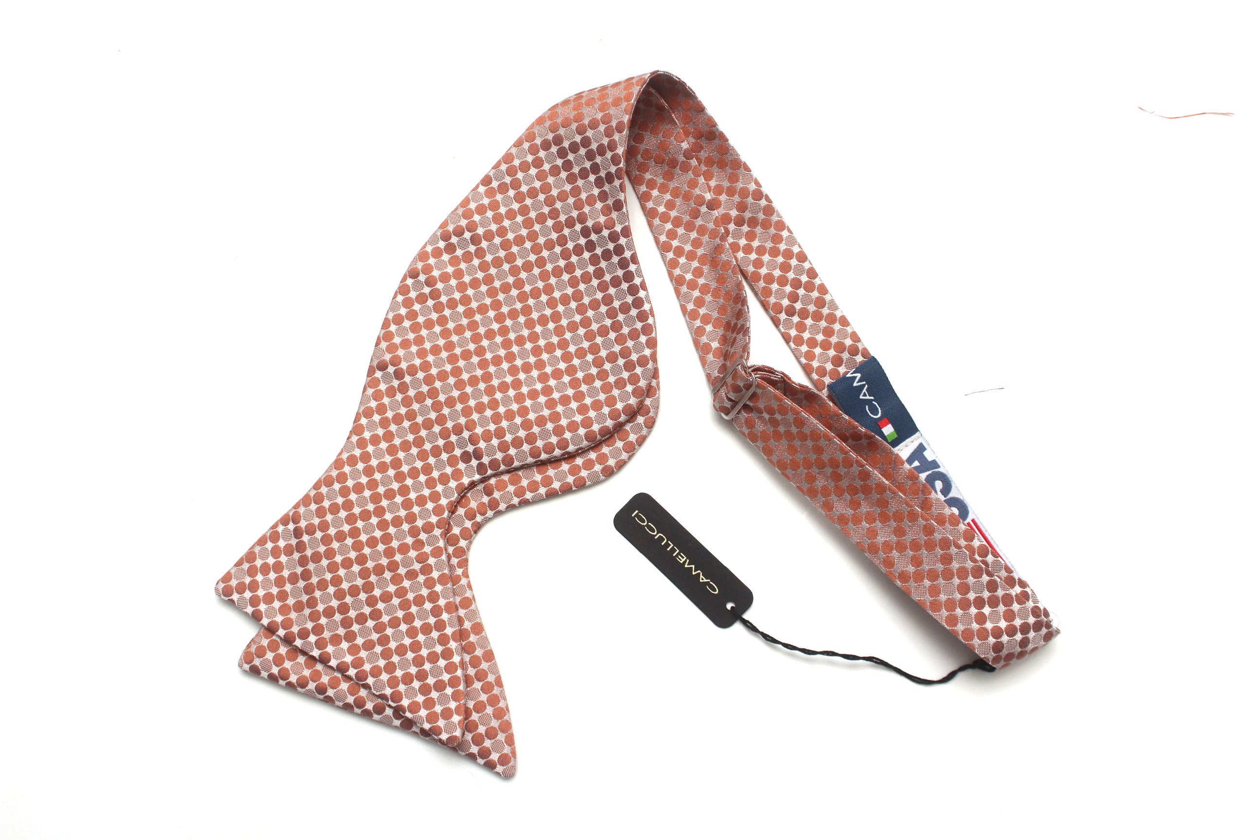 Big Butterfly in Peach Polka Dot Silk Self tied Bow Tie