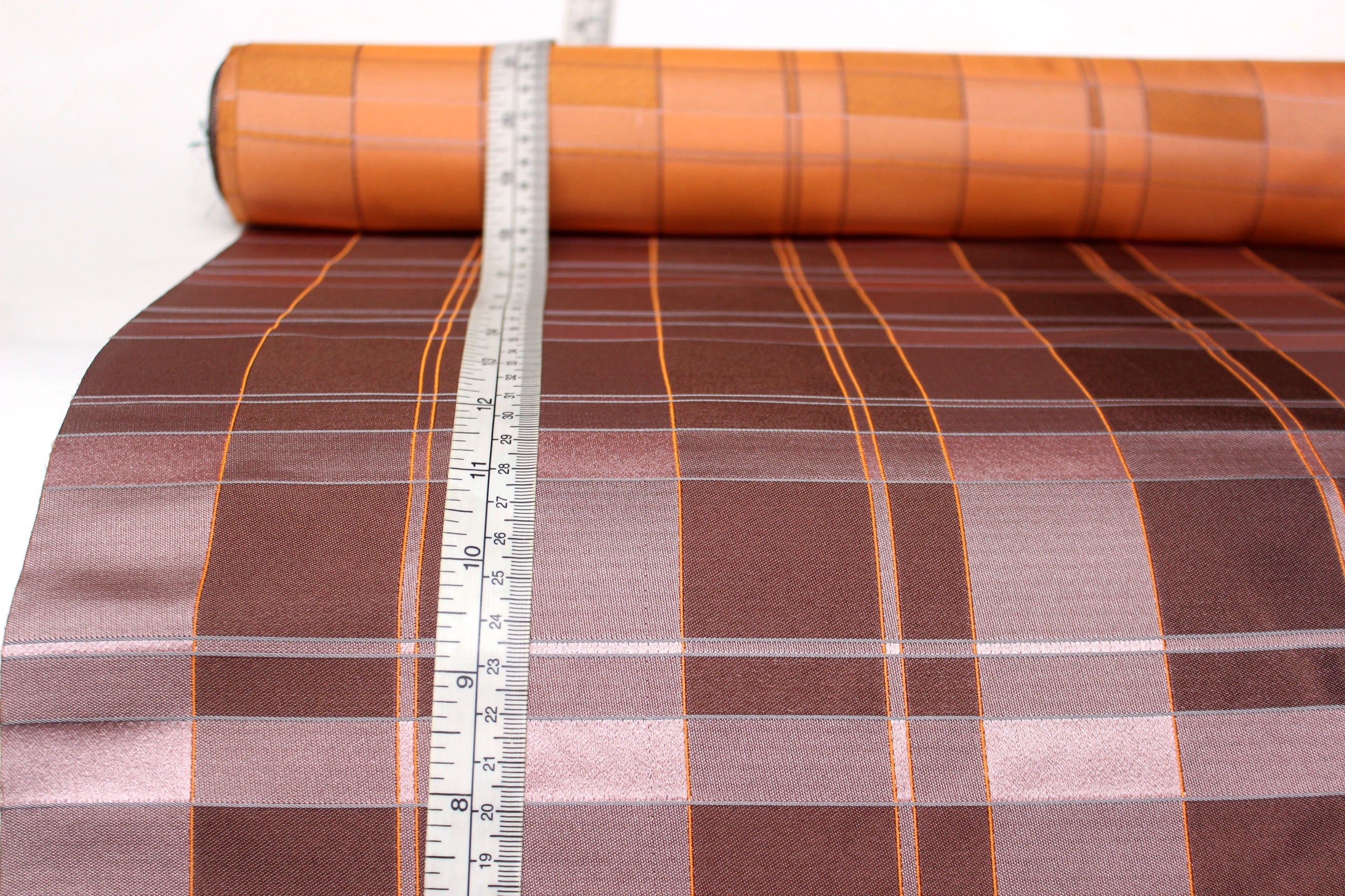 Dusty Rose Brown and Orange Plaid Silk Fabric