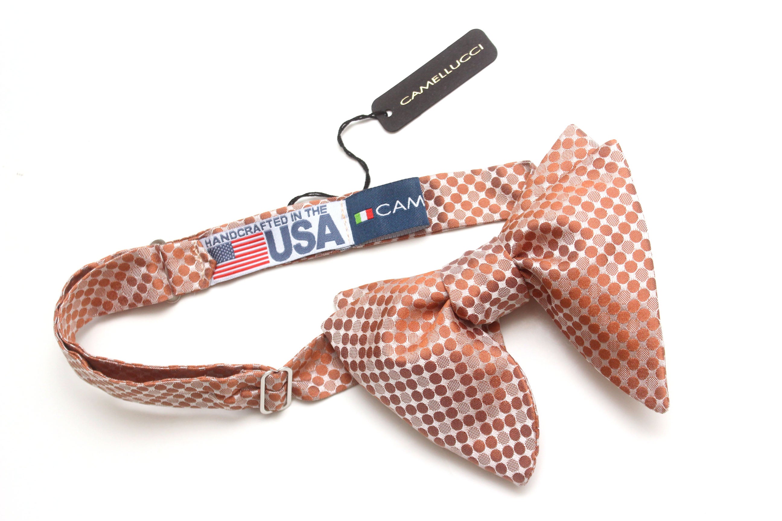 Big Butterfly in Peach Polka Dot Silk Self tied Bow Tie