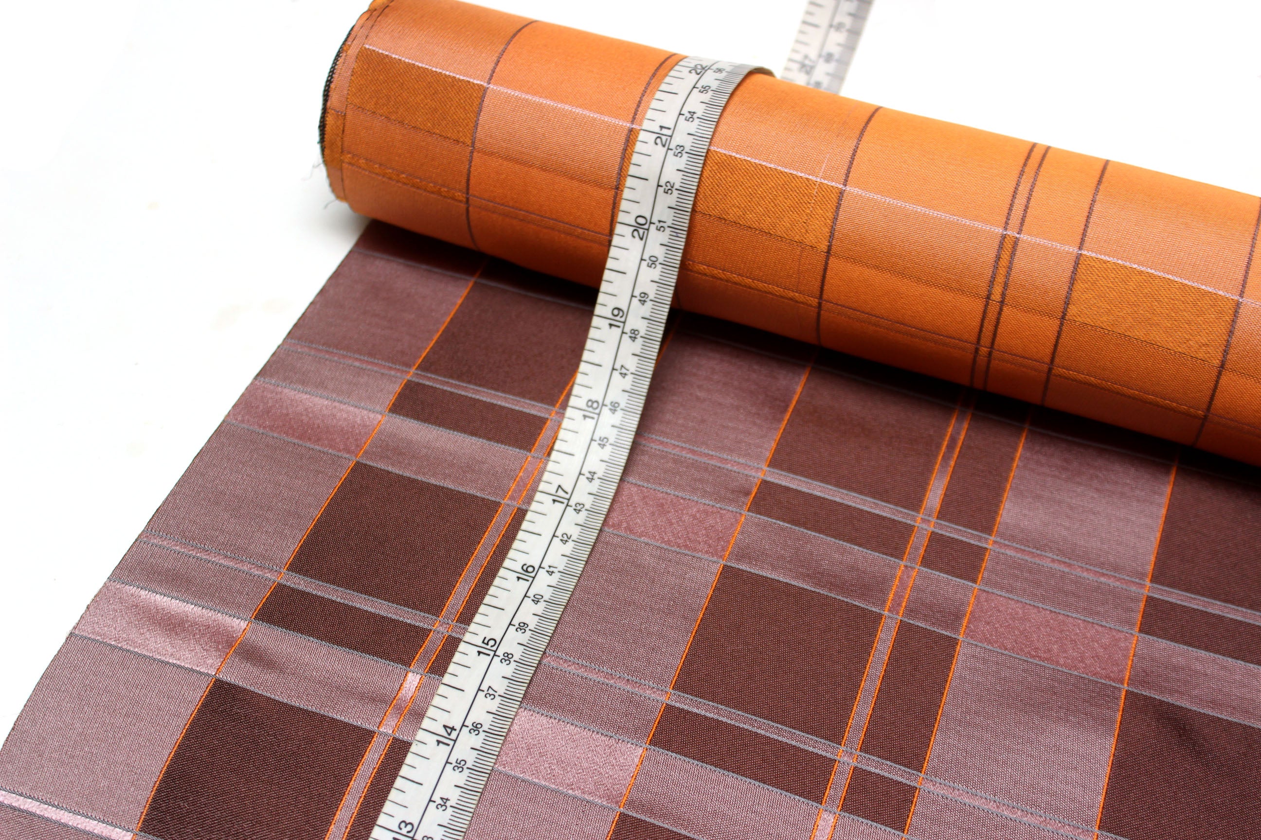 Dusty Rose Brown and Orange Plaid Silk Fabric