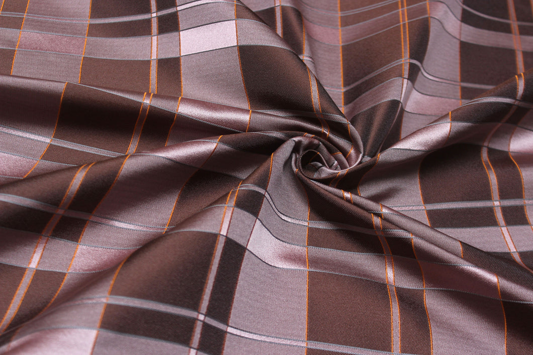 Dusty Rose Brown and Orange Plaid Silk Fabric