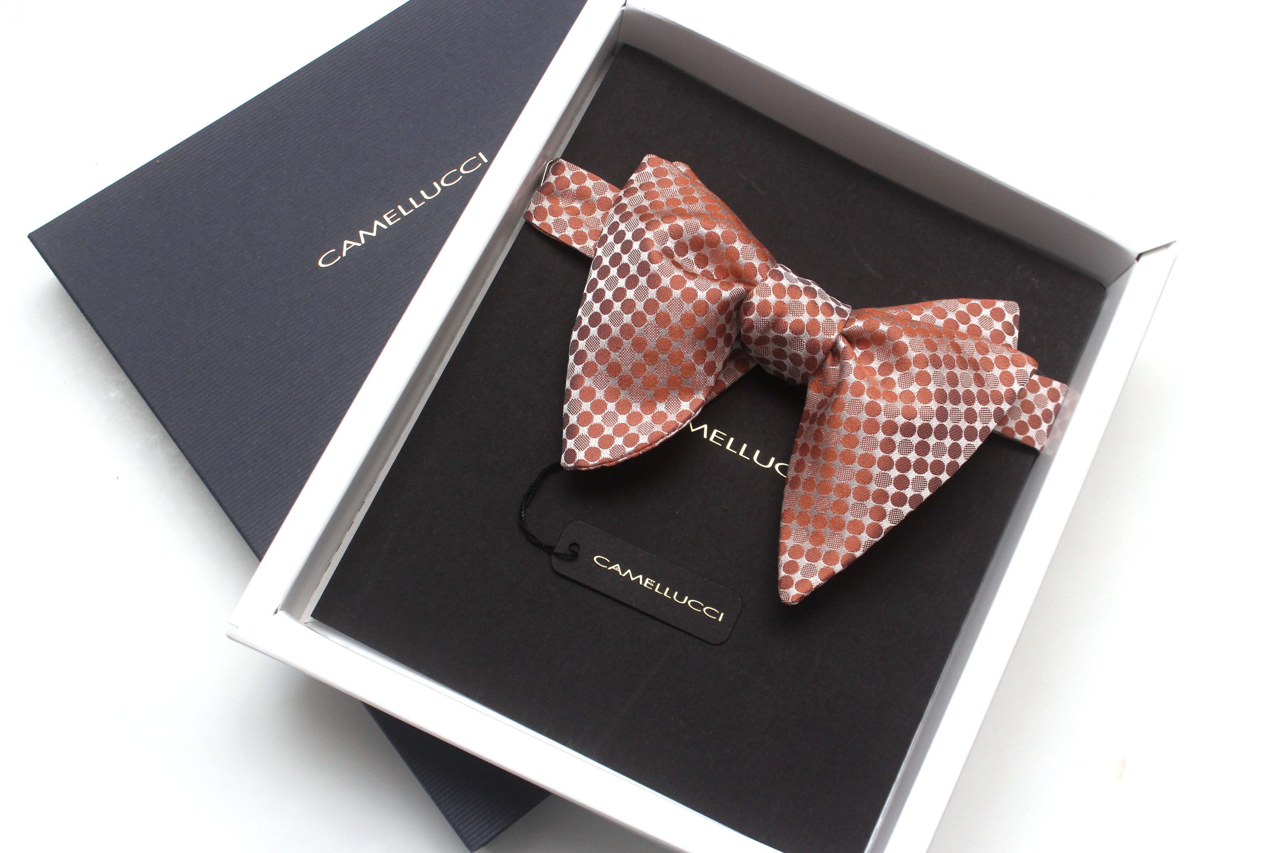 Big Butterfly in Peach Polka Dot Silk Self tied Bow Tie