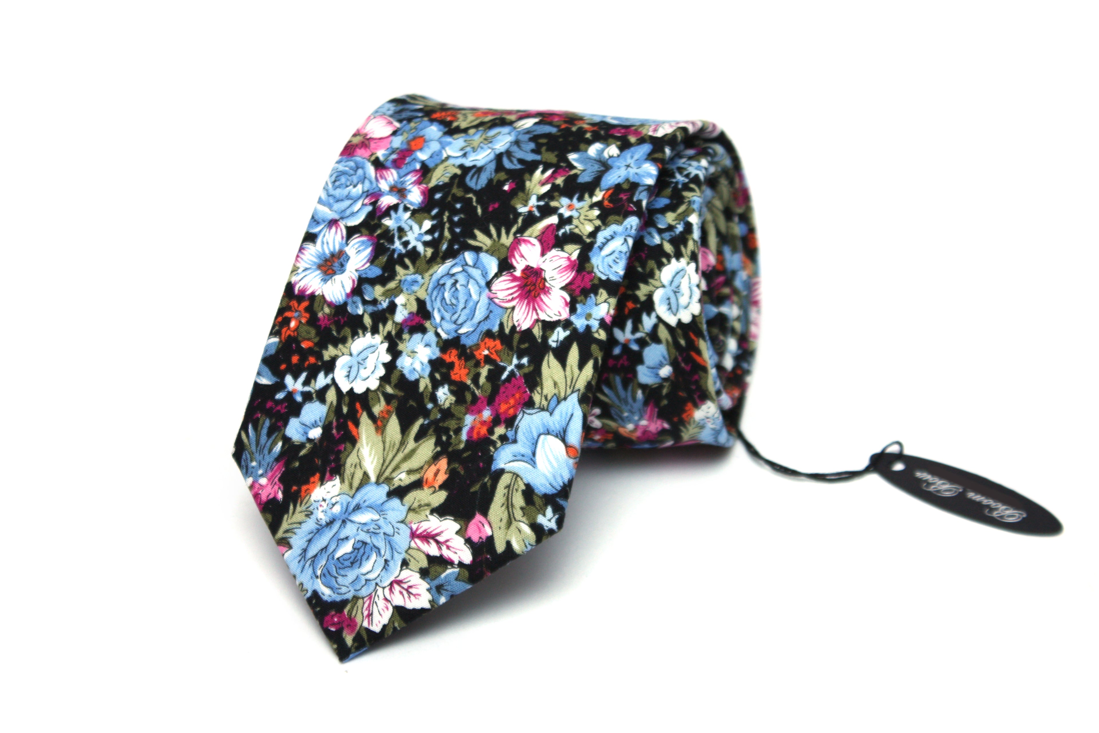 Blue Black Floral Necktie 2.7"