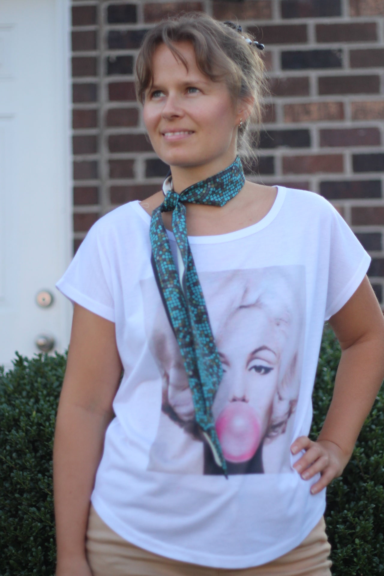 Teal Ornament White Line Reversible Skinny Scarf