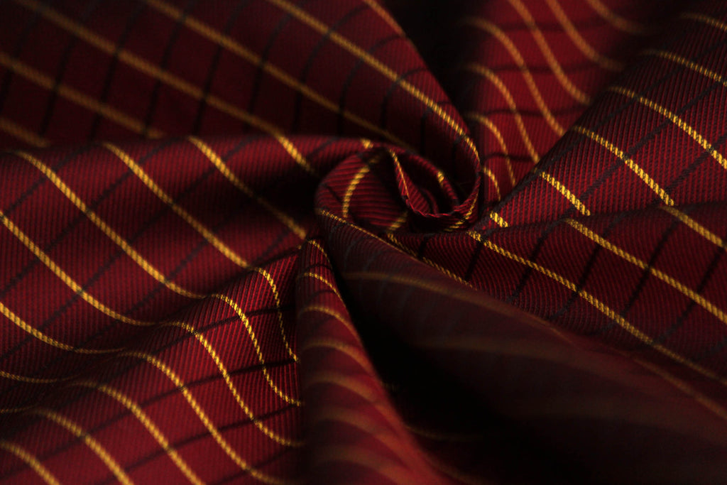 Red Maroon and Gold Plaid Silk Fabric