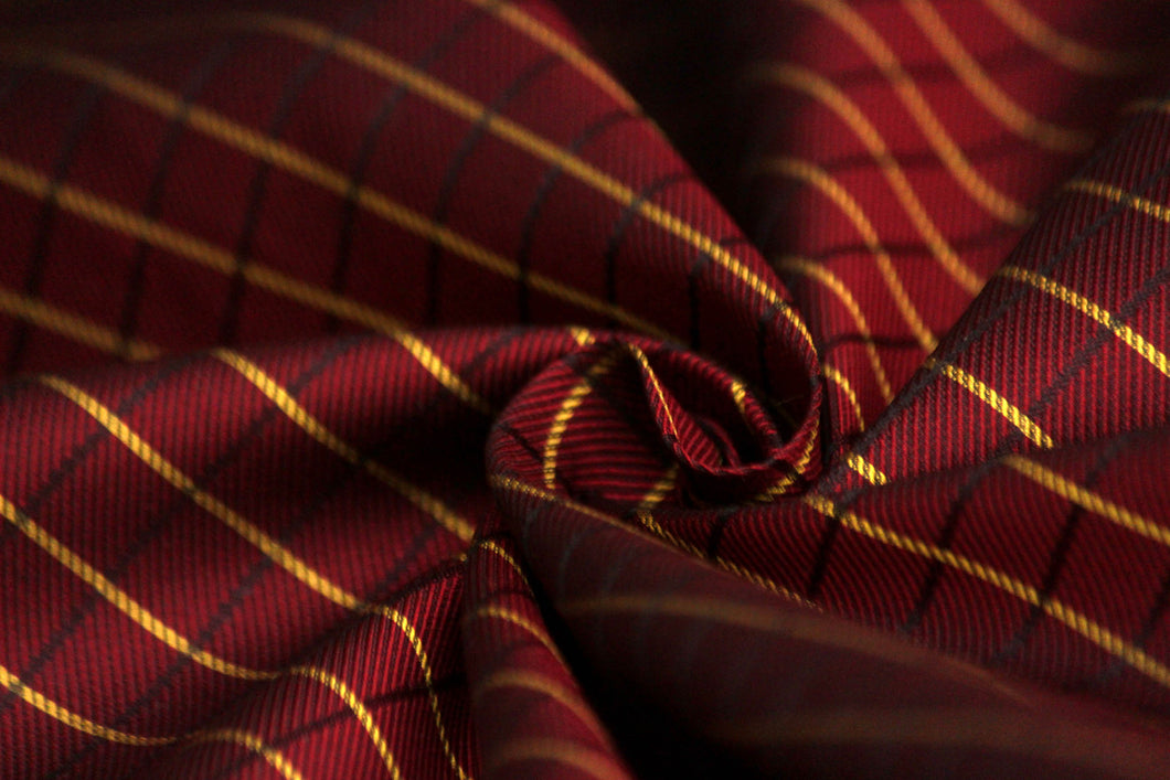 Red Maroon and Gold Plaid Silk Fabric