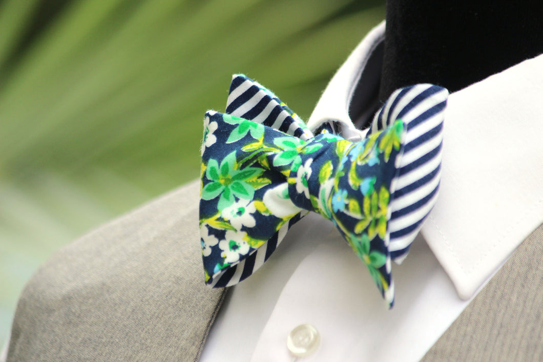 Green Floral Striped Reversible Self-Tie Bow Tie