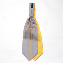 Load image into Gallery viewer, Yellow Ornament Grey Stripe Reversible Silk Ascot
