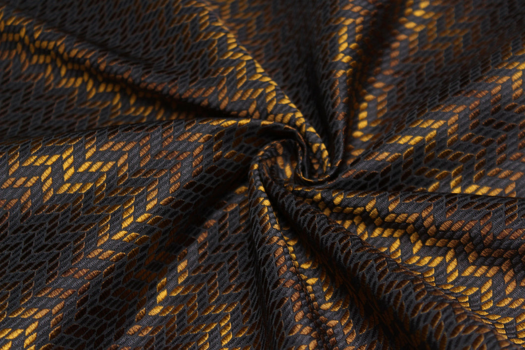 Brown with Mustard ZigZag Pattern Silk Fabric