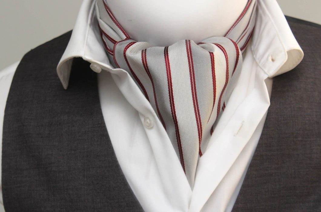 Maroon Grey Stripe Reversible Silk Ascot