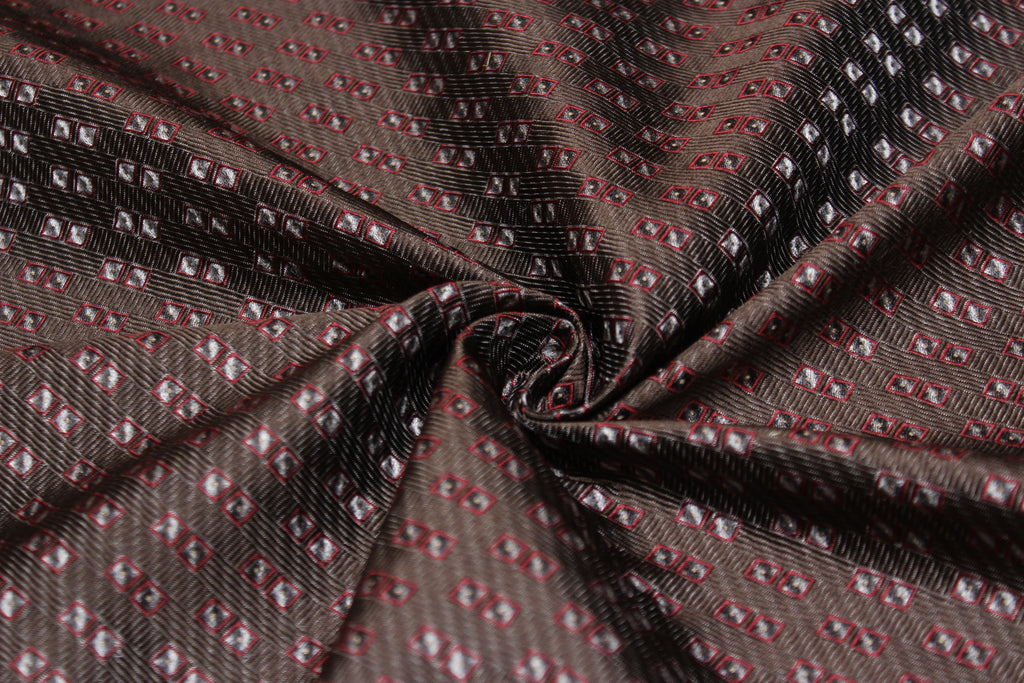 Brown Grey Maroon Square ornament Silk Fabric
