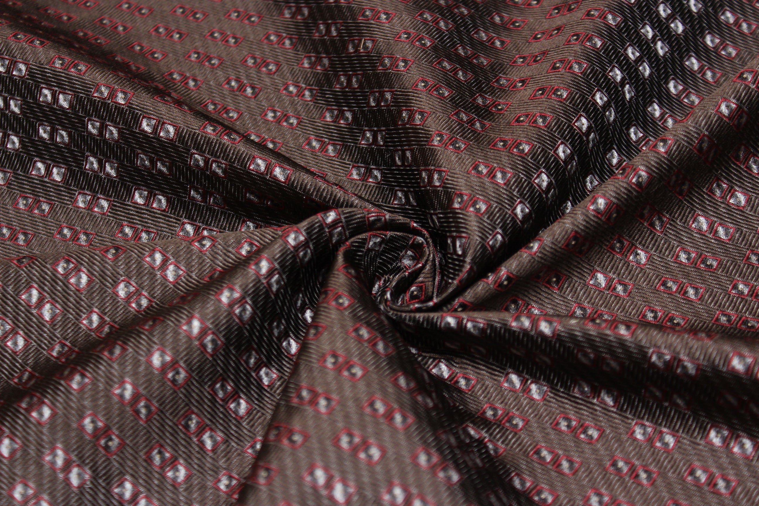Brown Grey Maroon Square ornament Silk Fabric