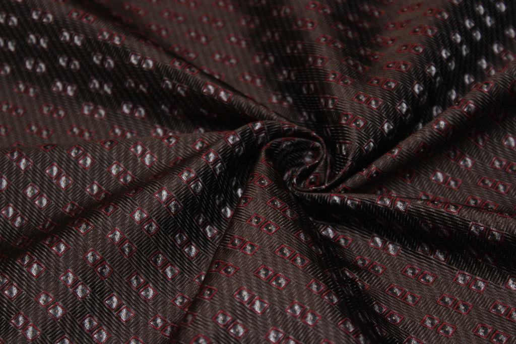 Brown Grey Maroon Square ornament Silk Fabric