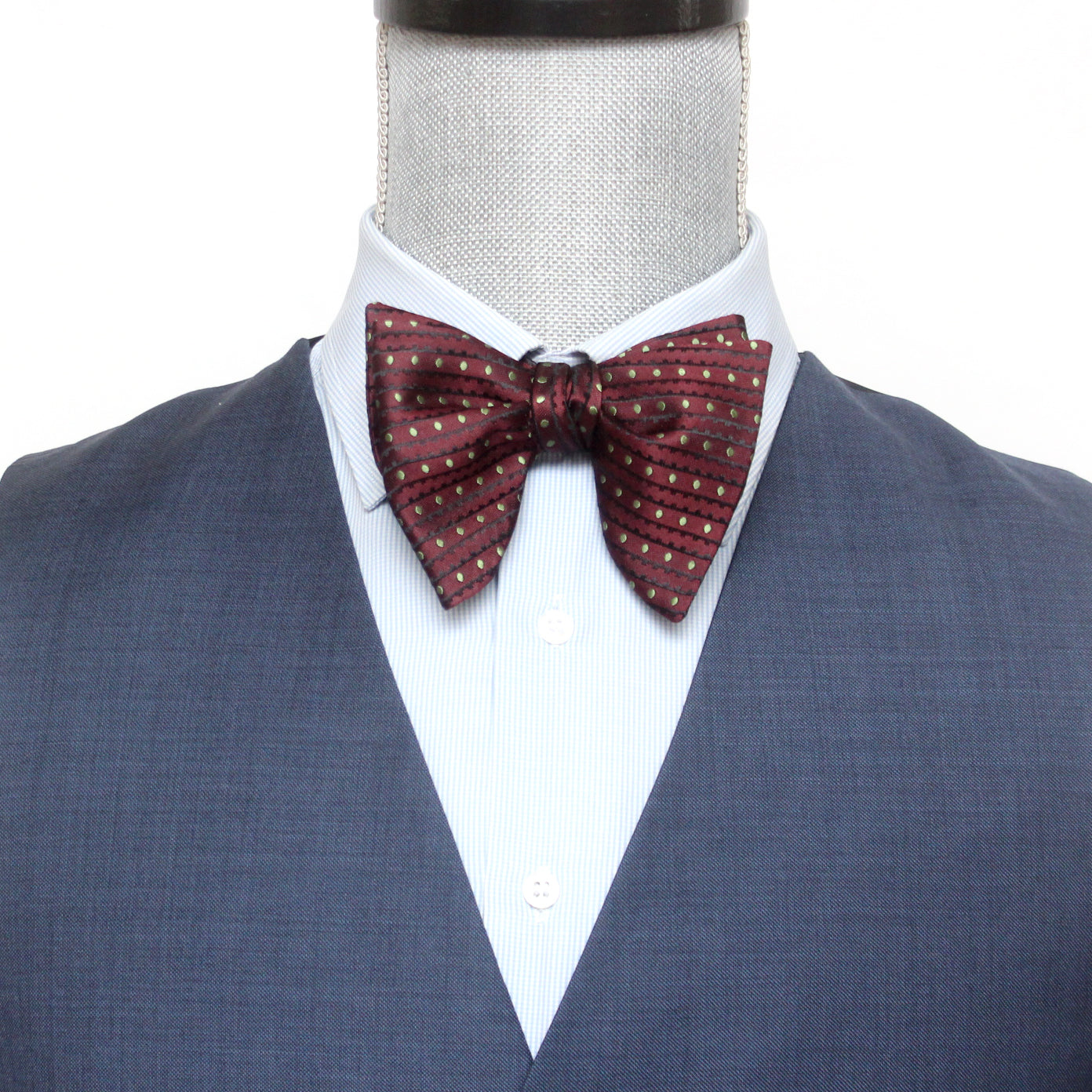 Big Butterfly Maroon Striped Green Polka Dot Silk Bow Tie