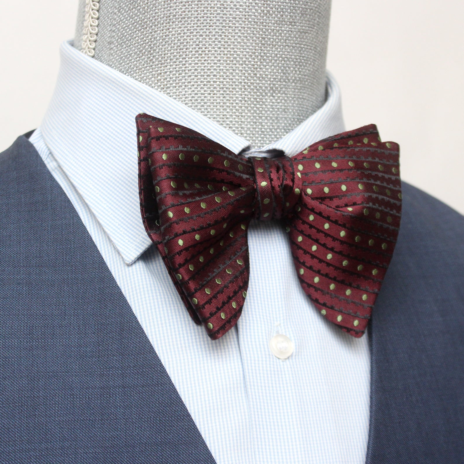 Big Butterfly Maroon Striped Green Polka Dot Silk Bow Tie