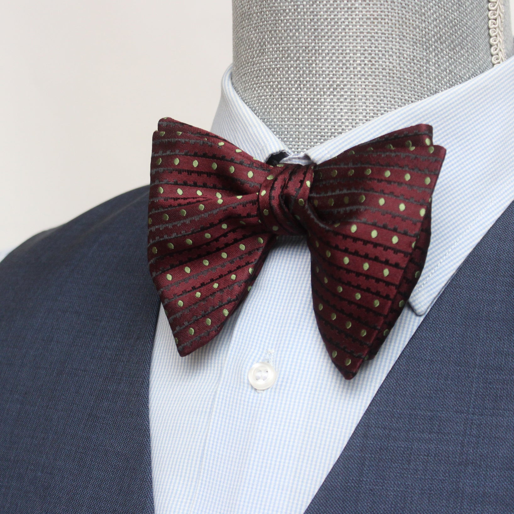 Big Butterfly Maroon Striped Green Polka Dot Silk Bow Tie
