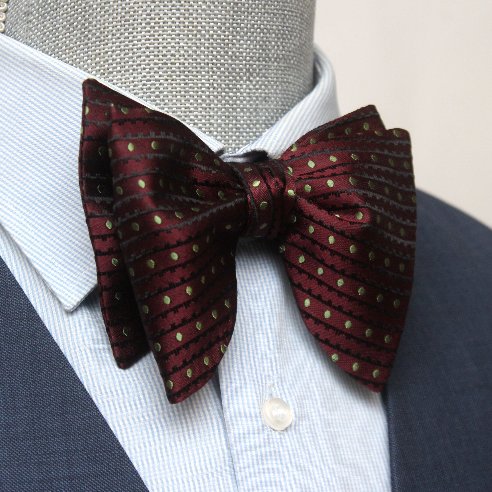 Big Butterfly Maroon Striped Green Polka Dot Silk Bow Tie