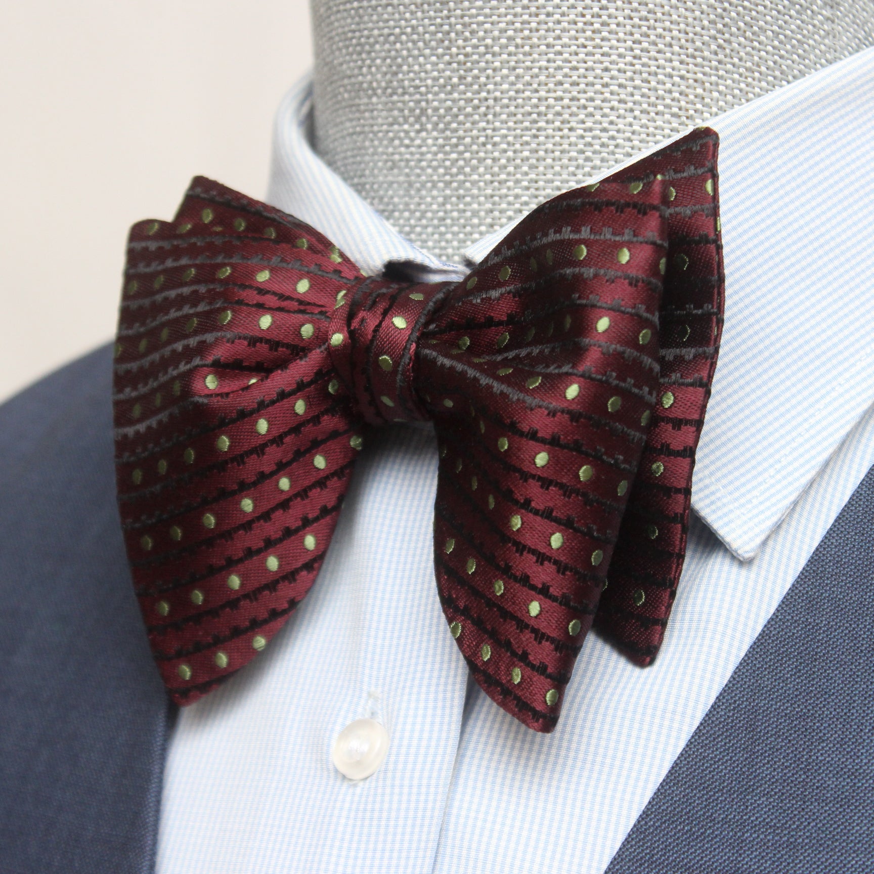 Big Butterfly Maroon Striped Green Polka Dot Silk Bow Tie