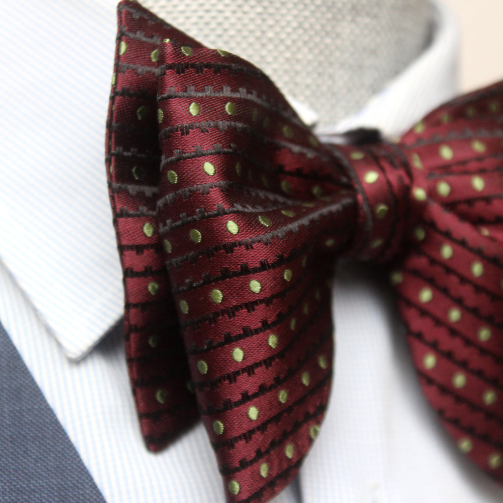 Big Butterfly Maroon Striped Green Polka Dot Silk Bow Tie