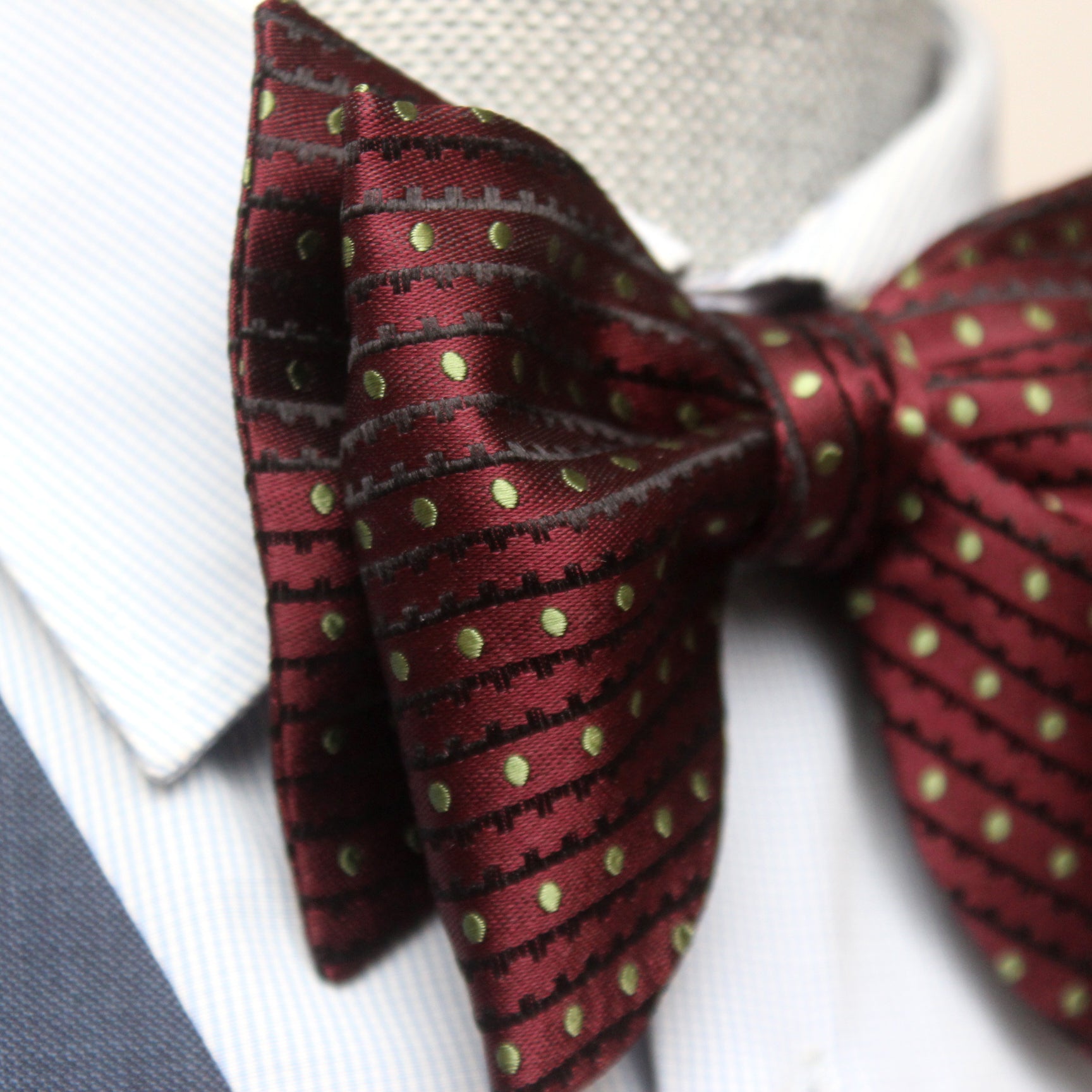Big Butterfly Maroon Striped Green Polka Dot Silk Bow Tie