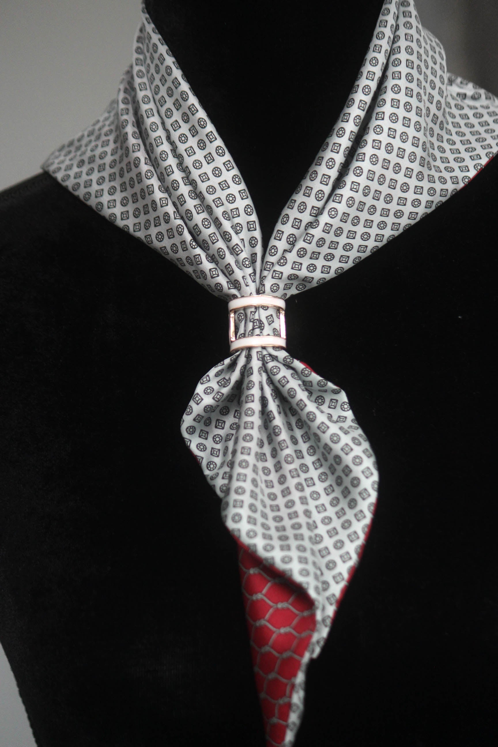 Red and White Ornament Reversible Silk Scarf
