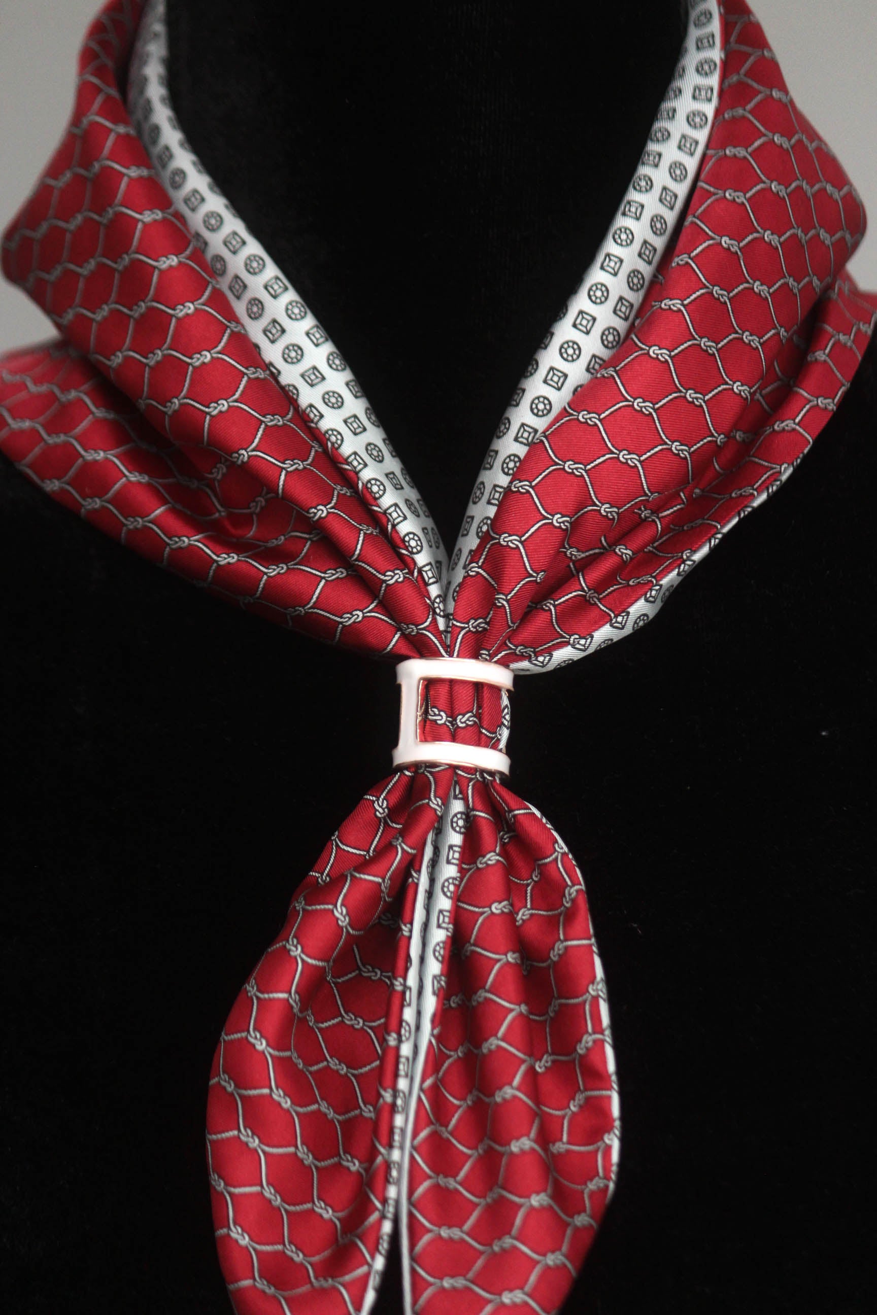 Red and White Ornament Reversible Silk Scarf