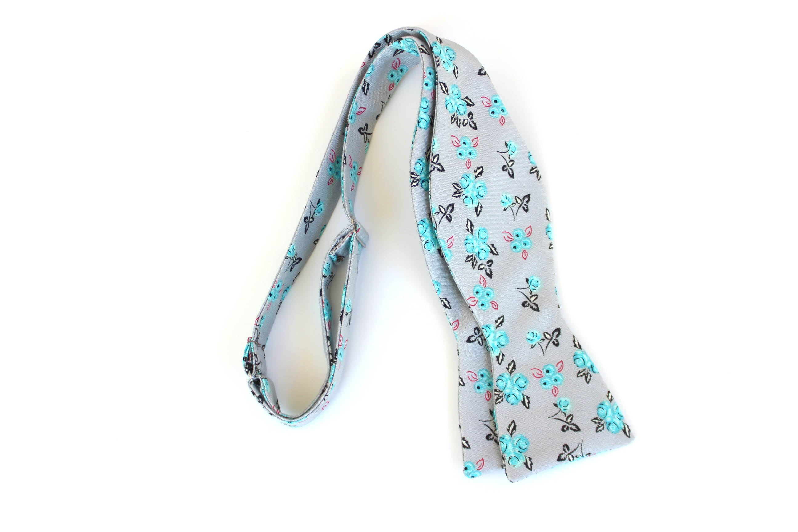 Grey Teal Floral Self-Tie Bow Tie