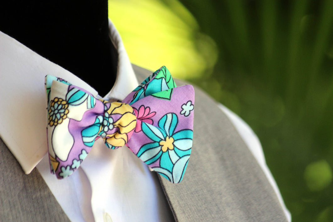 Lavender Green Yellow Turquoise Floral Self-Tie Bow Tie
