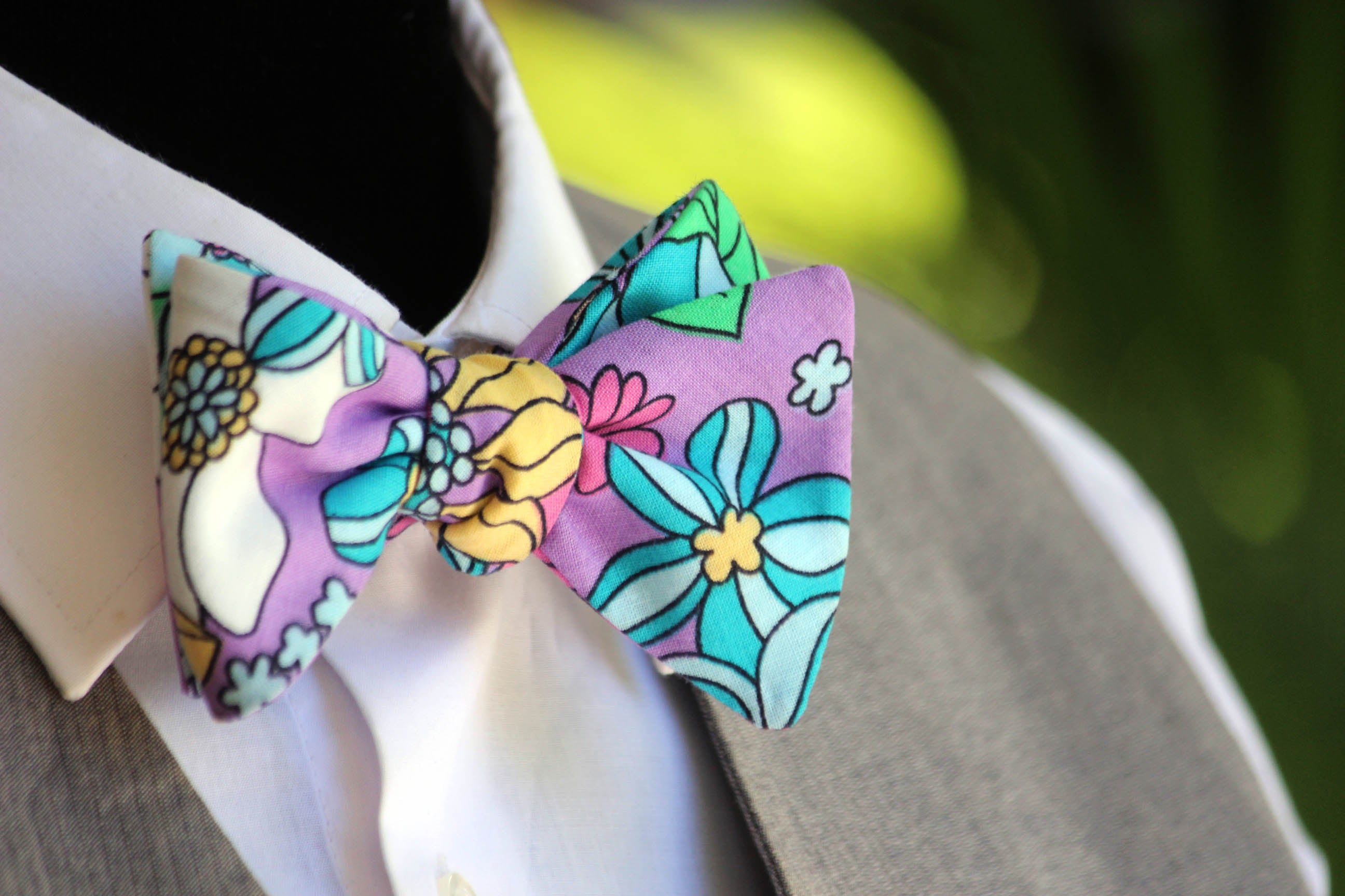 Lavender Green Yellow Turquoise Floral Self-Tie Bow Tie