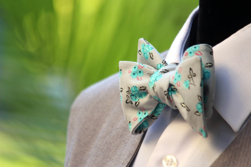 Grey Teal Floral Self-Tie Bow Tie