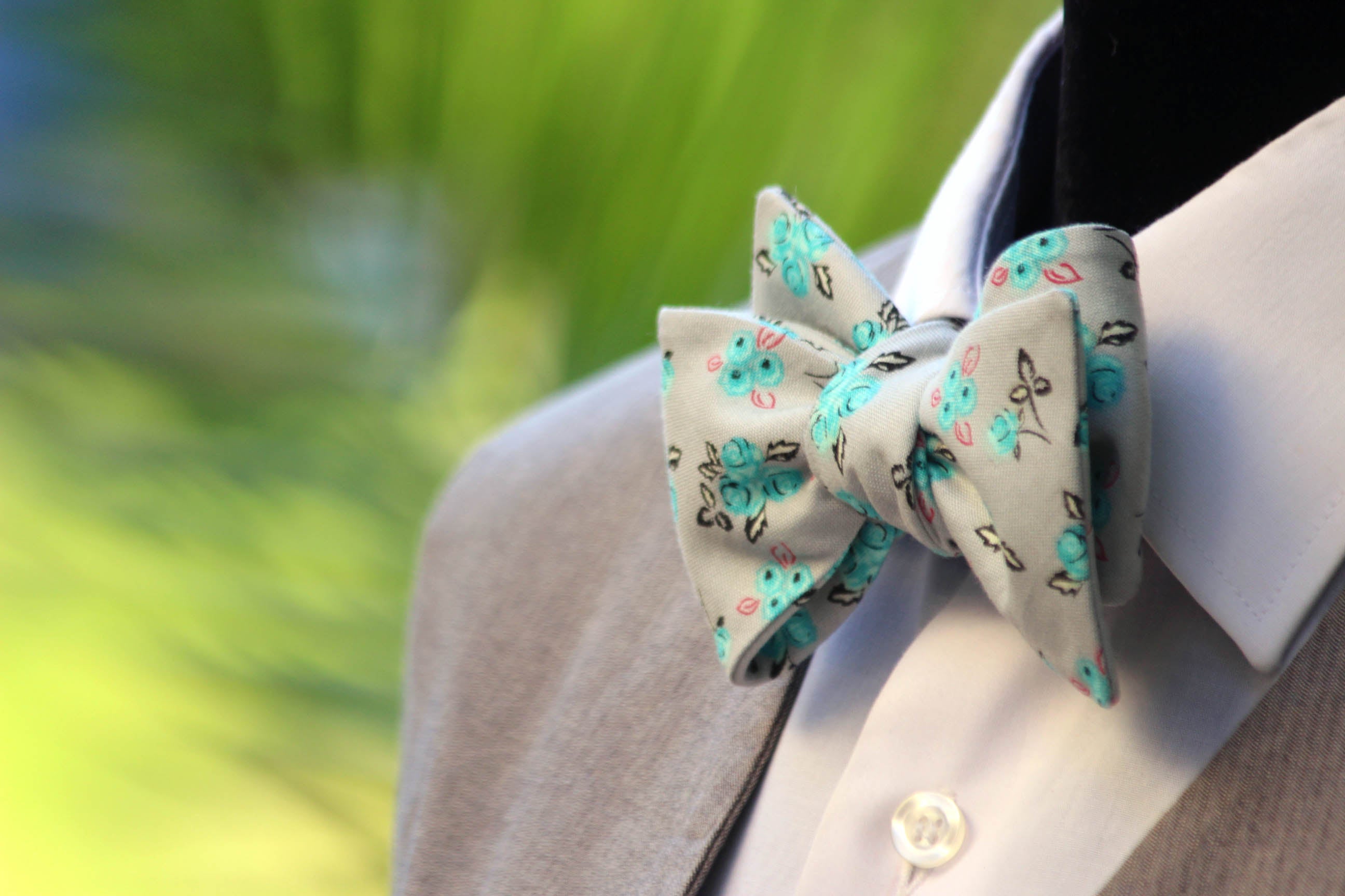 Grey Teal Floral Self-Tie Bow Tie