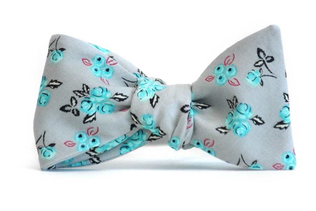 Grey Teal Floral Self-Tie Bow Tie