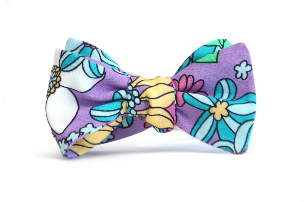 Lavender Green Yellow Turquoise Floral Self-Tie Bow Tie