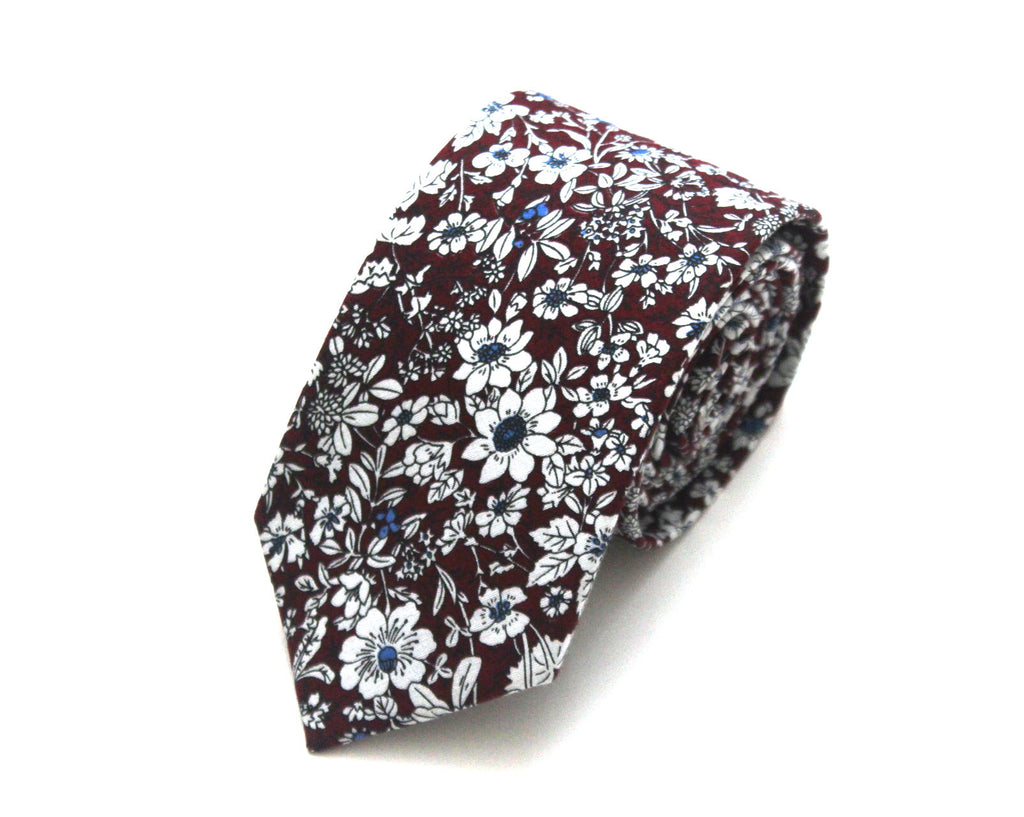 White Brown Floral Necktie 2.7"