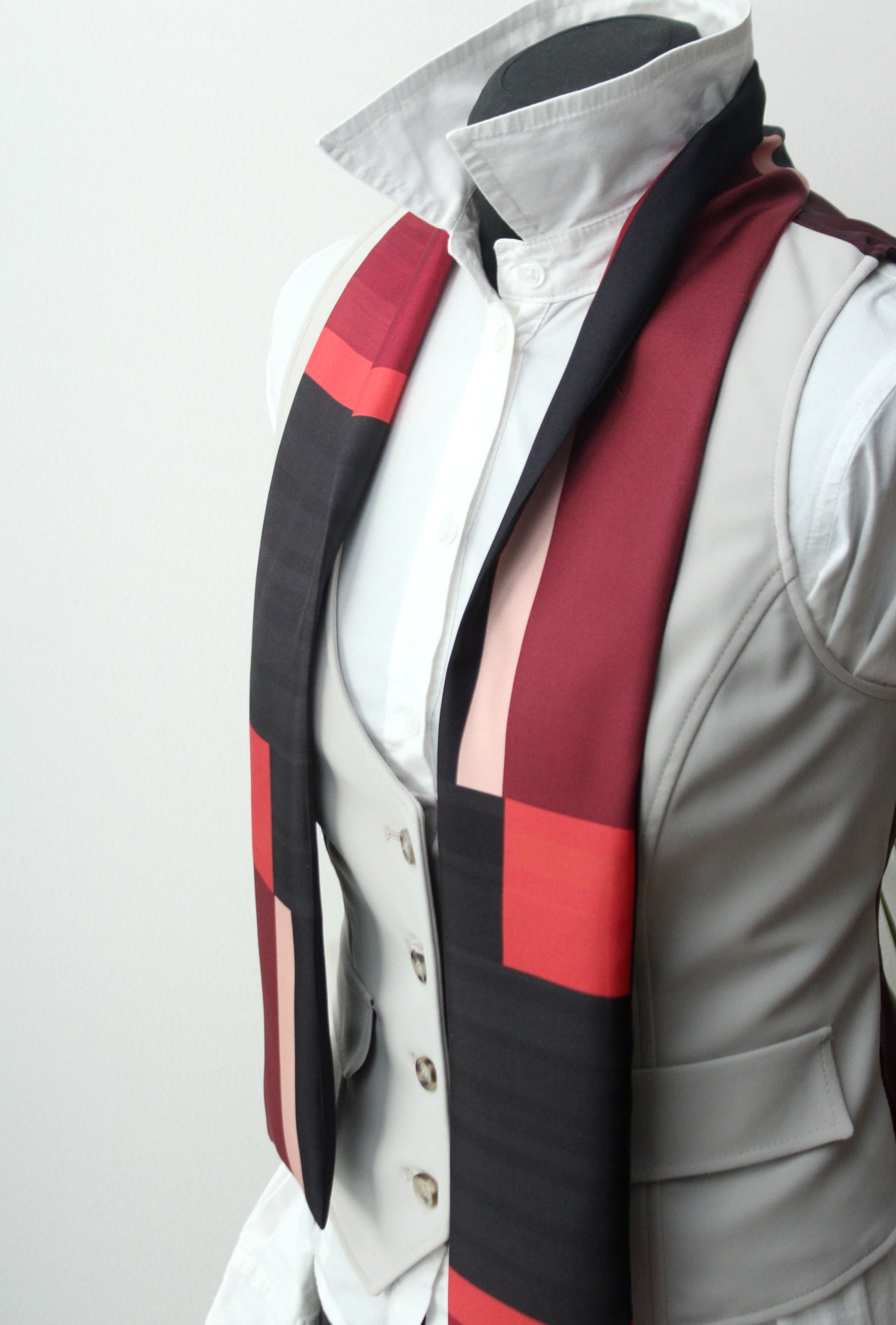 Red Black Maroon Square Ornament Silk Skinny Scarf