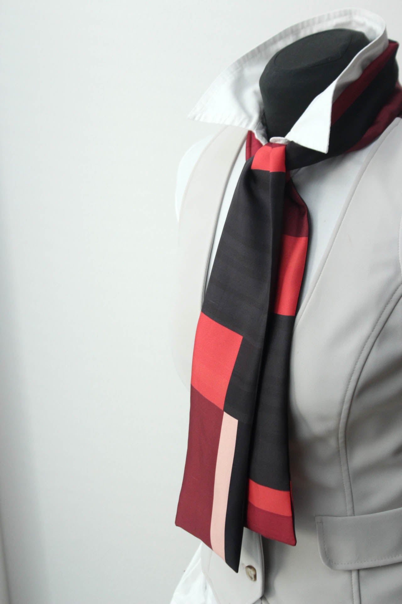 Red Black Maroon Square Ornament Silk Skinny Scarf