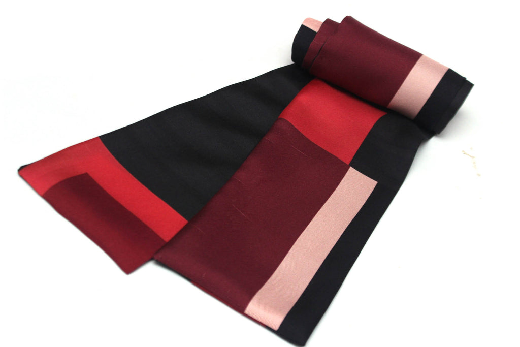 Red Black Maroon Square Ornament Silk Skinny Scarf
