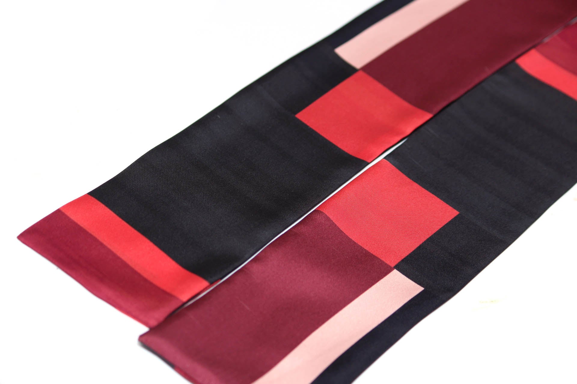 Red Black Maroon Square Ornament Silk Skinny Scarf