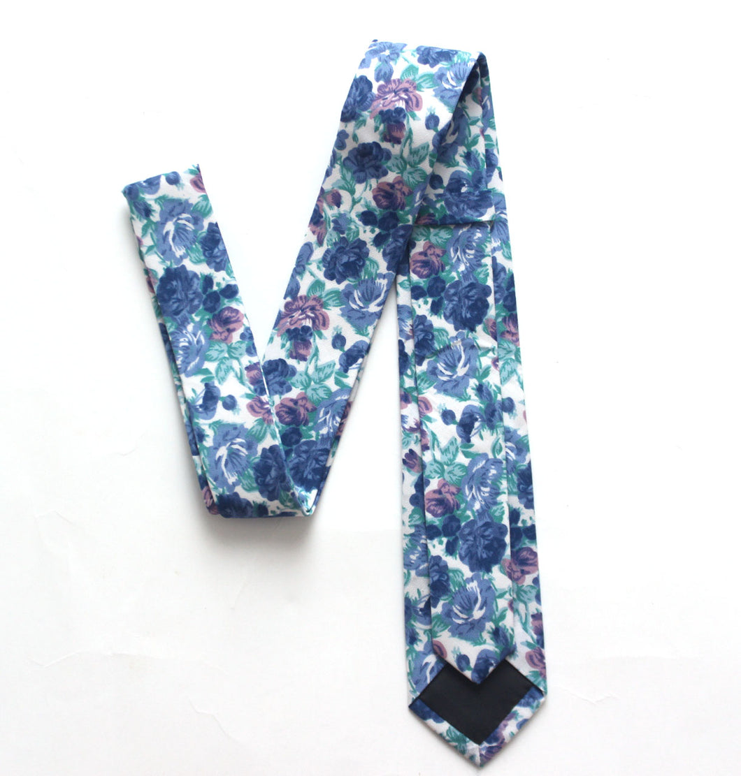 White Blue Floral Necktie
