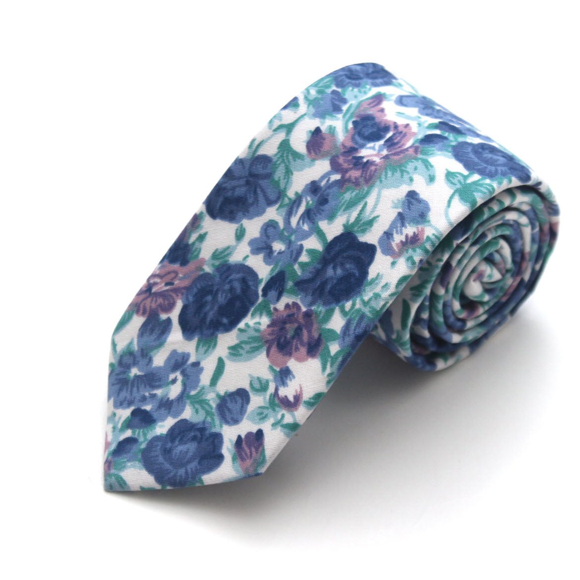 Men's White Blue Floral Cotton Necktie