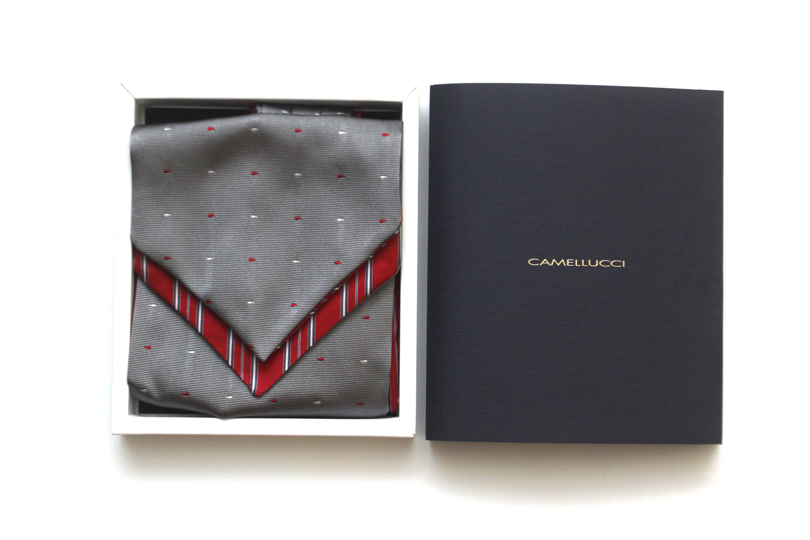 Grey Red Stripe Reversible Silk Ascot