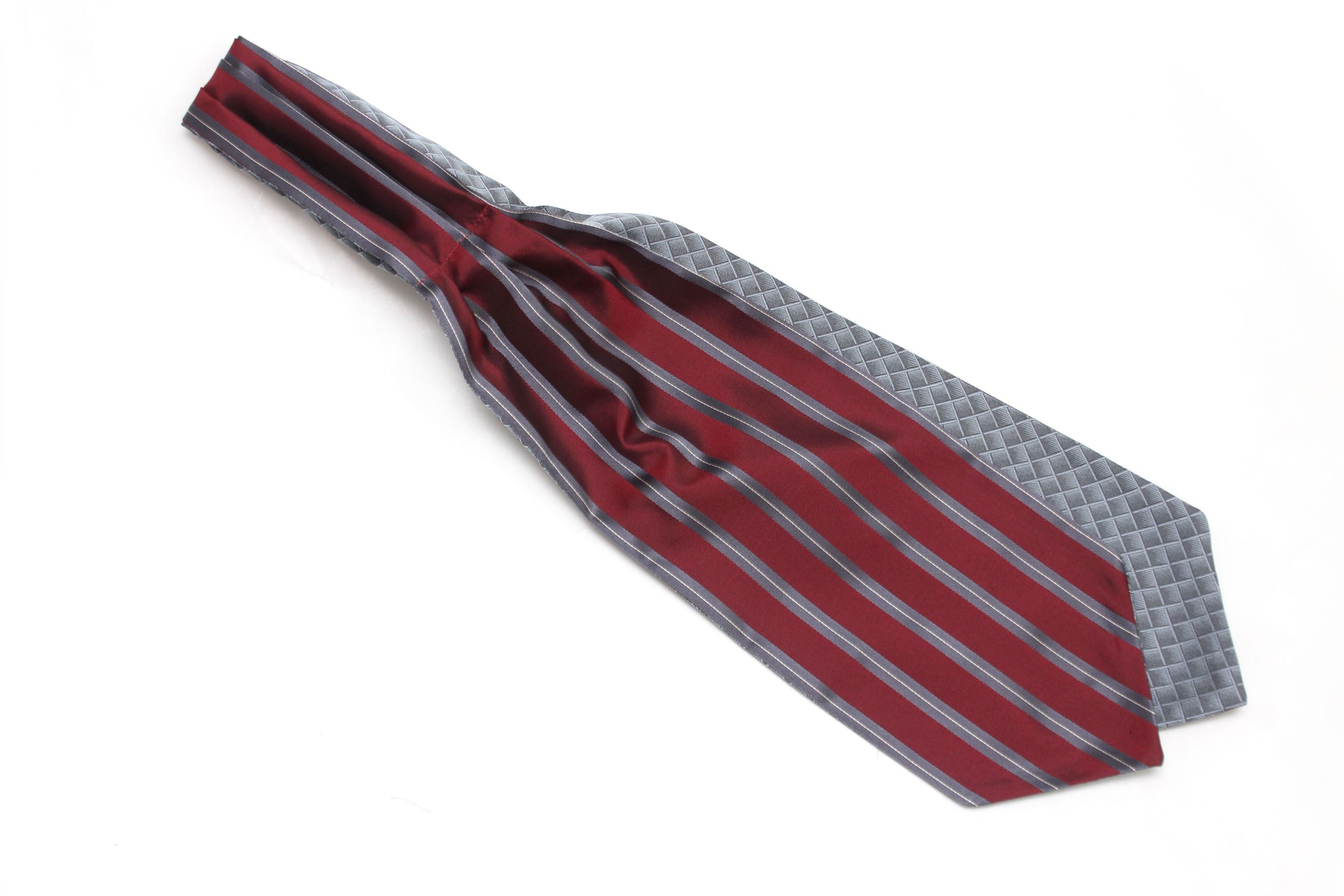 Grey Ornament Maroon Stripe Reversible Silk Ascot