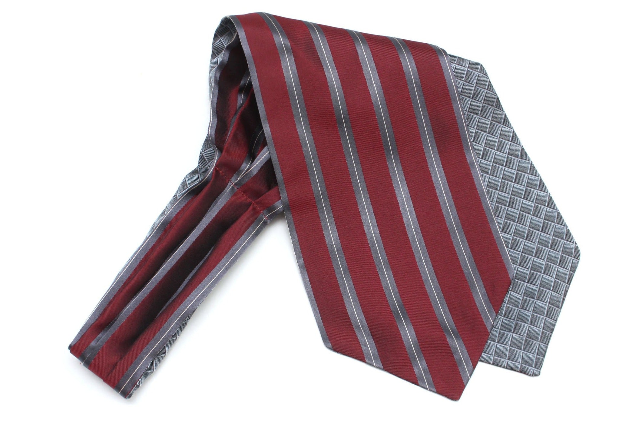 Grey Ornament Maroon Stripe Reversible Silk Ascot